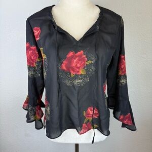 ISHYU Vintage Elegant Black Mesh‎ Top with Red Floral Accents and Bell Sleeves